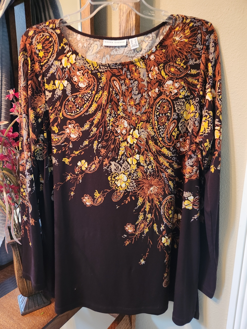 Susan Graver Women's Brown Floral Paisley Long-Sleeve Top